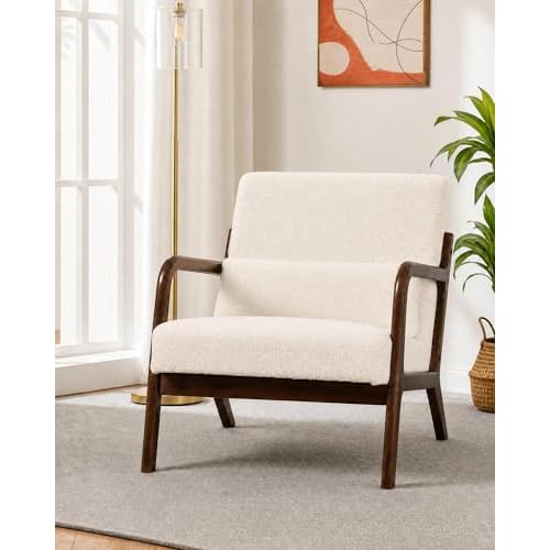 Garvee Mid-Century Modern Accent Chair, Sherpa Upholstery, Solid Wood Armchair with Removable Lumbar Pillow, Sturdy Reading Chair for Living Room, Bedroom, Guest Room, Easy Assembly, Beige