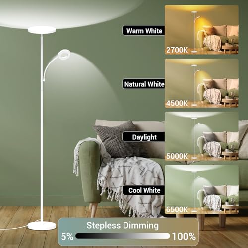 Image of marctronic White Floor Lamp, 42W 4000LM Super Bright LED Room Lamp with Adjustable Reading Light,Dimmable Modern Standing Lamp with Remote & Touch Control for Room Bedroom Office Floor Light