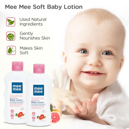 Image of Mee Mee Soft Baby Lotion | Enriched with the goodness of Fruit extracts | 0+ months For 24Hrs Moisturization | pH 5.5 balanced | Ideal For All Skin Types Pack of 2 (400ml)