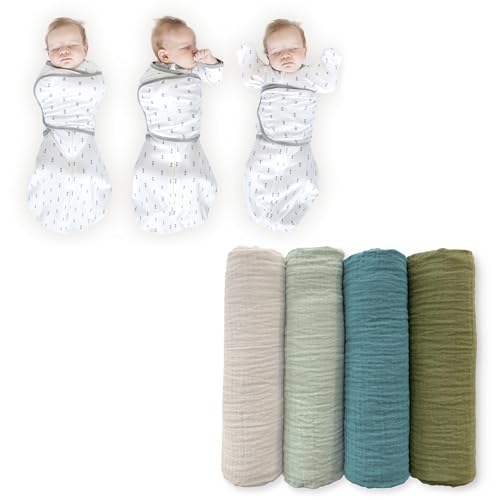 Image of SwaddleDesigns 0-3 Mo Baby Swaddle Set, Tiny Arrows, Omni Swaddle Sack for Newborn, 6-Way Swaddle with Arms Up Half-Length Sleeves & Mitten Cuffs, and Cotton Muslin Swaddle Blankets 4pk, Oceana