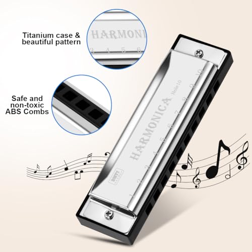 OFFCUP Mundharmonika, 10 Löcher Chromatic C-Dur Mit Aufbewahrungstasche - Harmonika für Kinder und Anfänger, Musikgeschenk - Silber