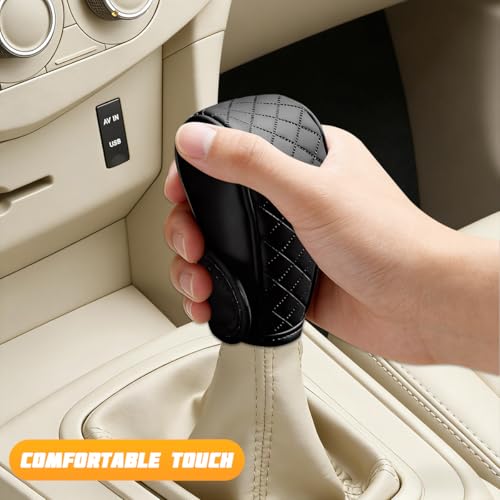 ANFTDCO Car Gear Shift Cover, Leather Breathable Anti Slip Automotive Shifter Stick Protector, Dust Waterproof Vehicle Gear Shift Knob Handle Decoration Accessories, Universal Fit (Black)