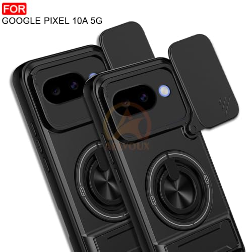 Image of Google Pixel 10A 5G Back Cover | Armor Camera Slider 360 Degree Rotating Finger Ring Holder Case with Bracket Stand Back Case Cover (Compatible with MagSafe Accessories) (Black)