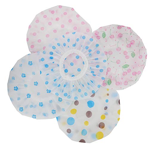 Ifnow 5 Packs Waterproof Lace Elastic Band Shower Caps Flower Printed Hat Plastic PE Reusable Bathing Hair Cap
