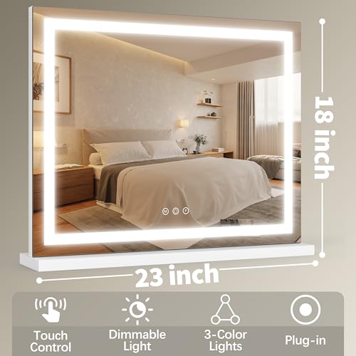 FENNIO 23" x 18" Vanity Mirror with Lights,LED Makeup Mirror,Hollywood Mirror with 3 Color Modes & Adjustable Brightness,Vanity Mirror Square White