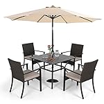 Sophia & William 5 Pieces Patio Dining Set with 9 ft Beige Patio Umbrella, Outdoor PE Rattan Chairs and Square Metal Table Set with Cushions and 1.57" Umbrella Hole for Poolside Porch Backyard