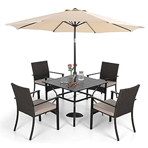Sophia & William 5 Pieces Patio Dining Set with 9 ft Beige Patio Umbrella, Outdoor PE Rattan Chairs and Square Metal Table Set with Cushions and 1.57″ Umbrella Hole for Poolside Porch Backyard