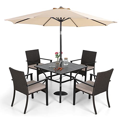 Sophia & William 5 Pieces Patio Dining Set with 9 ft Beige Patio Umbrella, Outdoor PE Rattan Chairs and Square Metal Table Set with Cushions and 1.57″ Umbrella Hole for Poolside Porch Backyard
