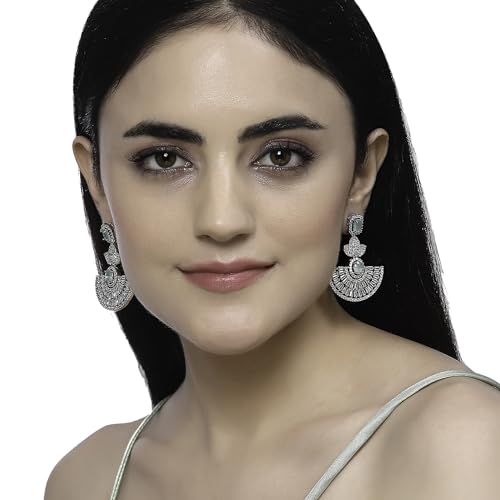 Leaf Shaped Drop Earrings with American Diamond in Rhodium Plating