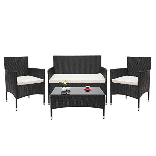 Mendler Poly-Rattan Garnitur HWC-F55, Balkon-/Garten-/Lounge-Set Sofa Sitzgruppe - schwarz, Kissen Creme
