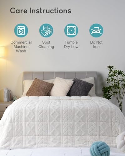 Cottonblue Jacquard Weighted Blanket 15lbs for Queen Ded - Ultra Soft, Cozy Comfort Sherpa Blanket for Relax and Sleep, Heavy Bed Blankets with Cemaric Beads, 60x80 in 17 lbs, Cream White