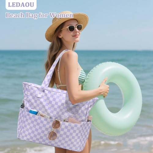 Image of LEDAOU Large Beach Bag Women Waterproof Sandproof Zipper Beach Tote Pool Bag for Swim Gym Grocery Travel with Wet Pocket