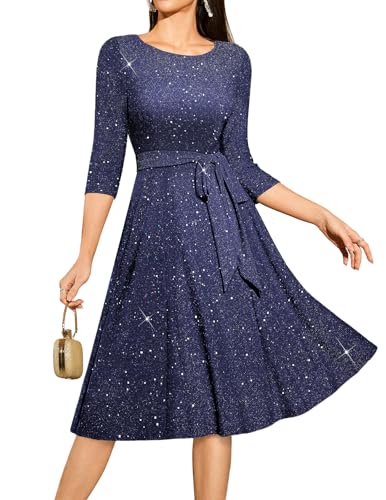 DRESSTELLS Cocktail Dresses for Wedding Guest, Sequin Formal Gala Party Midi Dress, Long Sleeve Evening Gown Bridesmaid Sparkly Fancy Prom A Line Fit Flare, 2026 Summer, Glitter Navy M