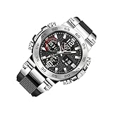 Reloj moderno – Estilo de pulsera para hombre | Diseño de moda luminoso de doble pantalla, función analógica digital, accesorio formal casual, equipo de viaje diario de oficina, ajuste cómodo, Plata y