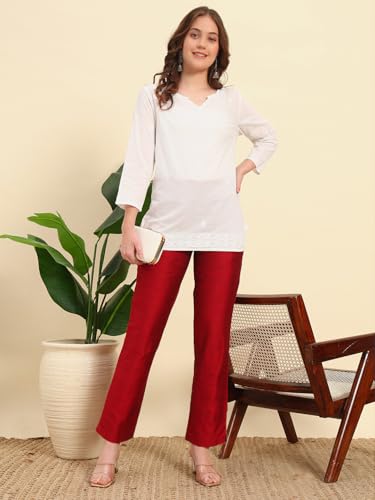 Image of Vogaan Women's Cotton Silk Pant | Half-Elasticated Waist Slim Fit Trouser for Women | Casual Pocket Pants for Office Formal Daily Use