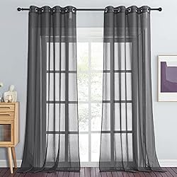 Cortina Lino Gris PONY DANCE Visillos Dormitorio 2 Piezas Cortinas Transparentes con Aspecto de Lino Cortinas Grandes para Ventanas Salon/Comedor Cortinas Grises con Ojales, 140x245cm, Gris Oscuro