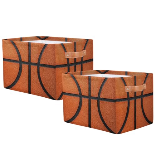 Image of Basketball Texture Storage Baskets for Organizing, Fabric Collapsible Storage Bins Box Sport Pattern Decorative Toy Organizer Baskets for Closet Shelves Gift Basket 2Pcs