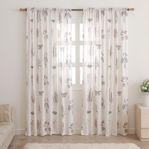 Image of HOMEMONDE Cotton Curtains for Window - Transparent Printed Light Filtering Sheer 6 Feet Curtain, Rod Pocket Top Style Pack of 2 - (Lunaria Garden, 72 Inch)