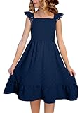 blibean Girls Summer Short Sleeve Dresses Big Kid Boho Swiss Dot Ruffle Semi Formal Midi Dress Solid Casual Smocked Fancy Flare Party Clothes Dressy Outfit Size 10-11 Year Old Navy Blue