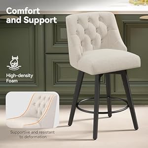 Swivel Counter Height Bar Stools with Back 26 H Seat Height Upholstered Fabric Counter Stools for Kitchen Island Set of 2 Fabric in Flax Beige