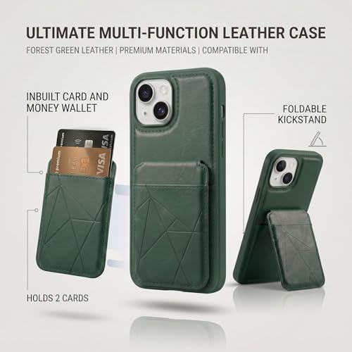 Image of amazon basics Premium Vegan Leather Back Cover with Card Holder and Integrated Mobile Stand for iPhone 15 - Slim Shockproof Wallet Case with Geometric Stitching [Green]
