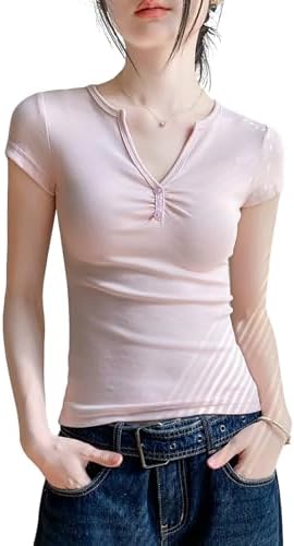 [Laisve] T-shirt, short-sleeved, plain, V-neck, buttoned, women's, stylish, casual, Henley neck, button top, innerwear, simple, versatile, slimming, everyday wear, summer top