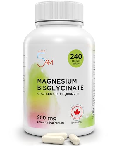 Live 5AM Magnesium Bisglycinate (Glycinate) 200mg | Supports Sleep, Relaxation, Energy Metabolism, Muscle & Tissue Function, 240 vcaps, 200mg Elemental Magnesium | Made in Canada