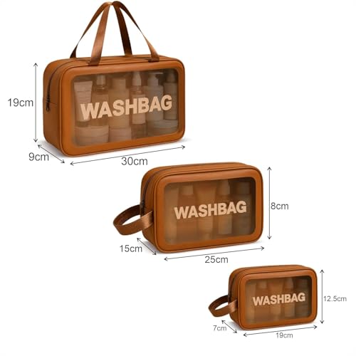 Image of Makeup Pouch Bag PVC Travel Toiletries Organizer Cosmetic Bags Wash Bag Pouch for Travel Kit Toiletry Bag Portable Organizer Case Carry Pouch for Women Bathroom Set of 3 (Brown)
