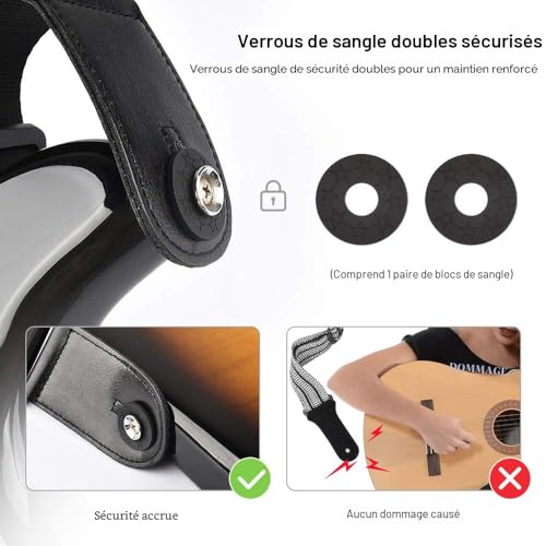 Sangle de guitare LEKATO ajustable 45" à 55" avec embouts cuir rigides