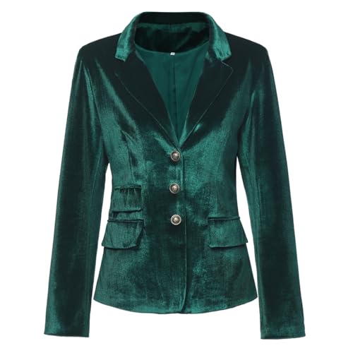 Women Vintage Velvet Blazer Jacket V-Neck Work Office Suit Slim Fit Slit Blazer Long Sleeves Dressy Coat Green4