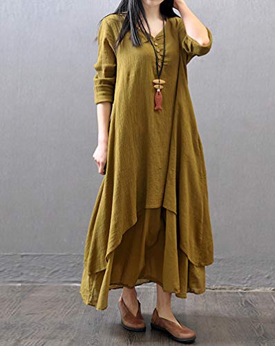 WSLCN Vestido Feminino de Algodão e Linho Irregular Manga Longa Camisa Blusa longa Longa Casual Solt