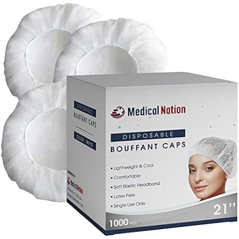 Medical Nation 21" Disposable Bouffant Caps |CASE of 1000, White| Hairnets, Non-Woven, Non-Pleated Head Hair Covers |for Medical, Labs, Nurse, Tattoo, Food Service, Hospital, Cooking - Size 21" White Cover