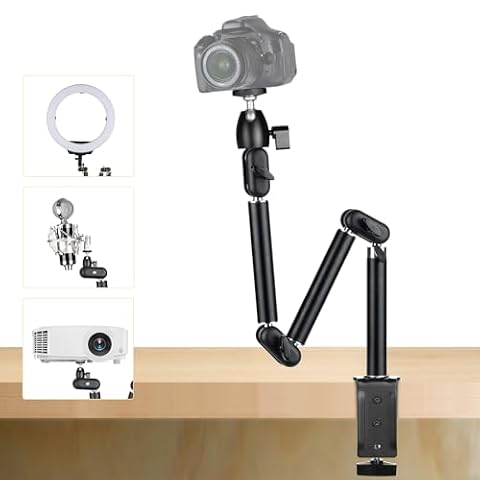 TARION Statyw na kamerę do widoku z góry, biurkowy, 360°, elastyczne ramię ze śrubą 3/8'' i śrubą 3/8'' na 1/4'' do kamer DSLR, projektora, światła pierścieniowego (rozm. M)