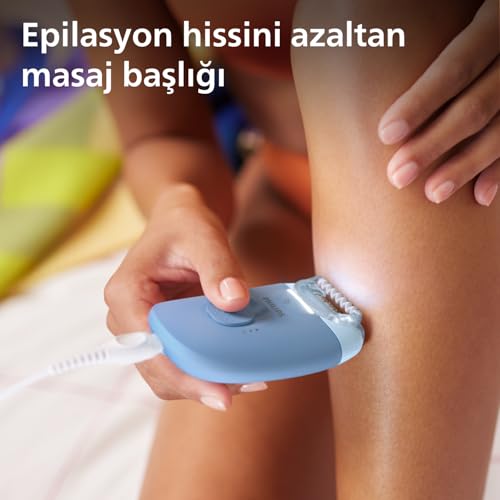 Philips Epilasyon Cihazı, Taşınabilir Kompakt Tasarım, LED Işıklı Yıkanabilir Başlık, Masaj ve Tıraş Başlığı, Peeling Eldiveni Hediyeli, 4 Haftaya Kadar Pürüzsüzlük, Açık Mavi Renk, BRE247/05