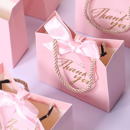 12Pcs Thank You Gift Bags with Handle and Bow Ribbon, Small Paper Gift Bags Bulk with Handle Favour Bags for Wedding Party Birthday Party Baby Shower, pink