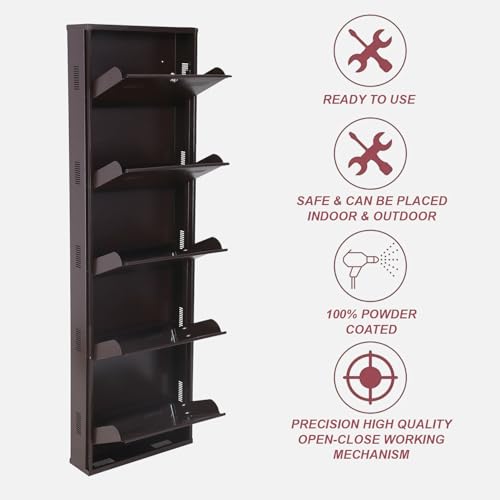 Image of Metal Shoe Rack Wall Mounted for Home with Central Locking | 5 Door 20 inch Wall Mounted Metal 10 Pair Shoe Rack Cabinet | Pre-Assembled Rack Shelves | 3 Year Warranty (Brown)