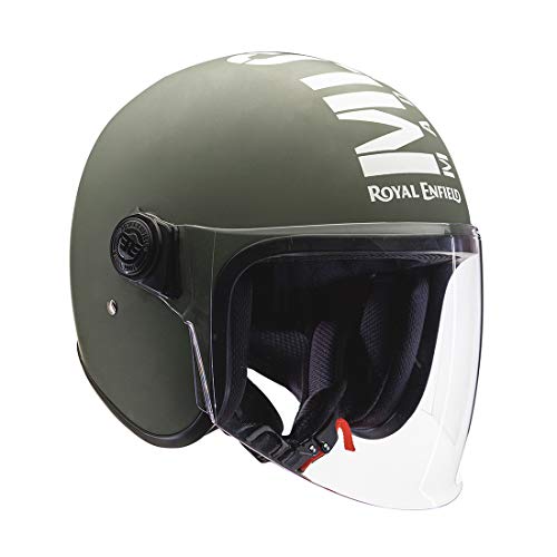 Image of Royal Enfield ISI Certified Open Face Riding MLG Helmet with Clear Visor Matt Battle Green-Impact Protection, Better Scratch Resistance, Anti-Microbial Fabric, Size: L(59-60Cm)