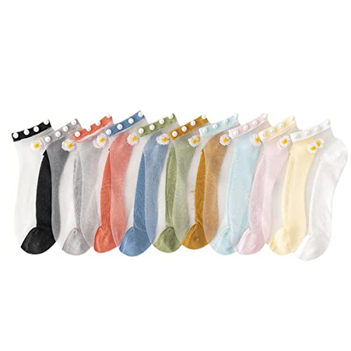 KIASRZN 10 Pairs Crystal Tulle Pearl Summer Socks,Pearl Sheer Socks,Women Sheer Lace Elastic Ultra Thin Silk Stockings Short (Style B)
