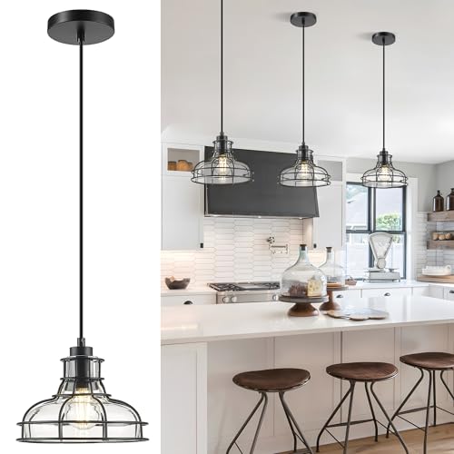 YKLITG Industrial Pendant Lights Kitchen Island Black 8.7', Hanging Light Fixtures with Clear Glass...