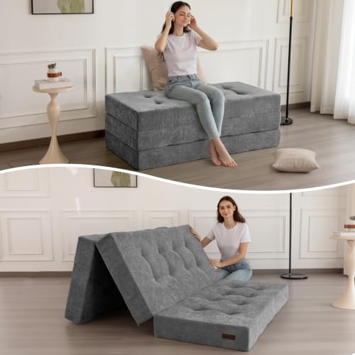 Image of MAXYOYO 6 inch Folding Sofa Bed for Floor, Tufted Tri-Fold Floor Mattress