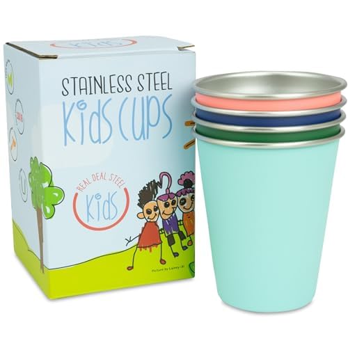 Stainless Steel Kids Cups - Set of 4 - Metal Cups for Children and Toddlers, Premium 10 oz Drinking Glasses in Fun Colors, BPA Free, Unbreakable (Assorted 2)