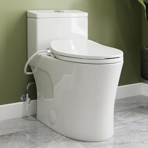HOROW T0338W One Piece Toilet with Non-Electric Bidet Toilet Seat, Elongated ADA Chair Height Toilets with Adjustable Nozzles Seat, Powerful Dual Flush & Soft Closing Seat Include, MAP 1000g, White Cover
