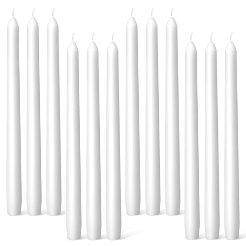 Everymoment White Taper Candles - 12 Pack 10 Inch Candlesticks - Dripless & Smokeless for 8 Hours - Unscented Paraffin Wax - Perfect for Wedding Christmas Halloween Holiday Dinner Table & Home Decor
