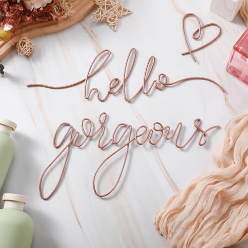 Image of Hicarer Metal Hello Gorgeous Wall Art Minimalist Decor for Bedroom Bathroom Living Room Dressing Room Salon Office Home Decorations Easy to Install Wall Decor(Rose Gold,Classic Style)