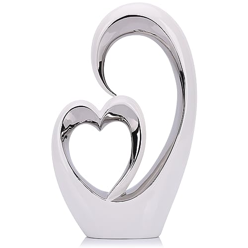 LCCCK Scultura a forma di cuore in ceramica bianca e argento, decorazione per camera da letto, centrotavola romantico per matrimoni, ideale come capanna d'amore, mensola, scrivania, tavolo d'ingresso