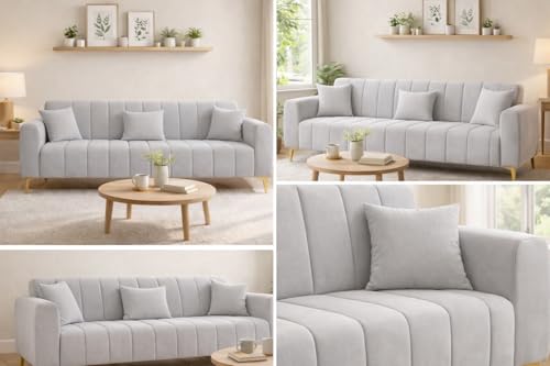 Image of Casaliving Velour Modern Velvet Sofa, Tufted Design Upholstered 3 Seater Sofa Set for Living Room, (Orange Colour) Premium Velvet Fabric Sofa