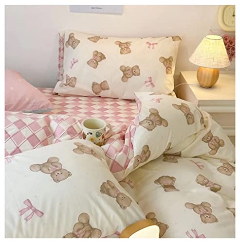 Peachy Baby Pink Teddy Bear Pattern Aesthetic Kawaii Cute Cotton Bedding Duvet Cover Set Single Twin Queen Size (Queen) #TOP3
