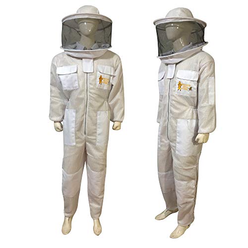 Three Layer Beekeeping Ventilated Suit and Jacket Fully Protection Beekeepers Ultra Ventilated Bee Suit and Bees Jacket with Fencing Veil and Round Veil (XL, White Round Veil)