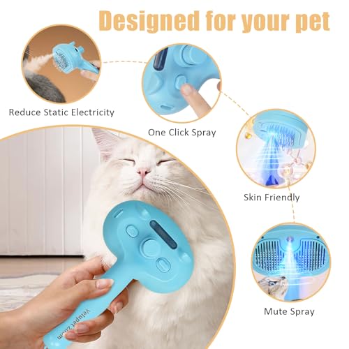 Image of Cat Steam Brush for Shedding, Pet Steam Brush for Dog with Release Button,Anti-Static Pet Spray Hair Removal Comb,Cat Spray Comb for Long & Short Haired Pets,Blue