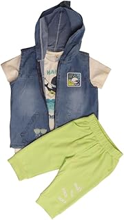 زيزو طقم مكون من 3 قطع للاولاد مكون من بلوزة بيضاء باكمام قصيرة وسترة بغطاء راس من الدنيم مع بنطلون كابري اخضر مصنوع من قماش قطني عالي الجودة، مناسب لعمر 5 سنوات